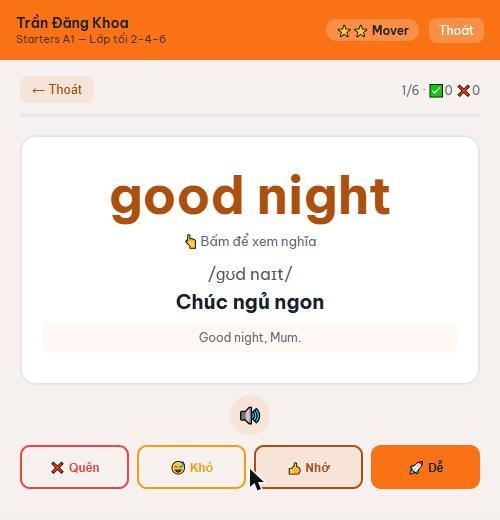 Thẻ ôn từ trên điện thoại của học viên Trung tâm Tiếng Anh Demo: từ good night, phiên âm quốc tế, nghĩa Chúc ngủ ngon, và bốn nút Quên Khó Nhớ Dễ